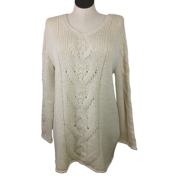 J. Jill SZ L Wool Alpaca Blend V Neck Cable Knit Tunic Length Fisherman Sweater - Picture 2 of 8